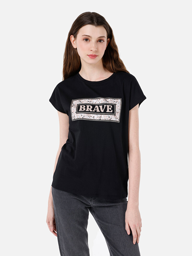 Regular Fit Yuvarlak Yaka Kadın Siyah Kısa Kol Tişört