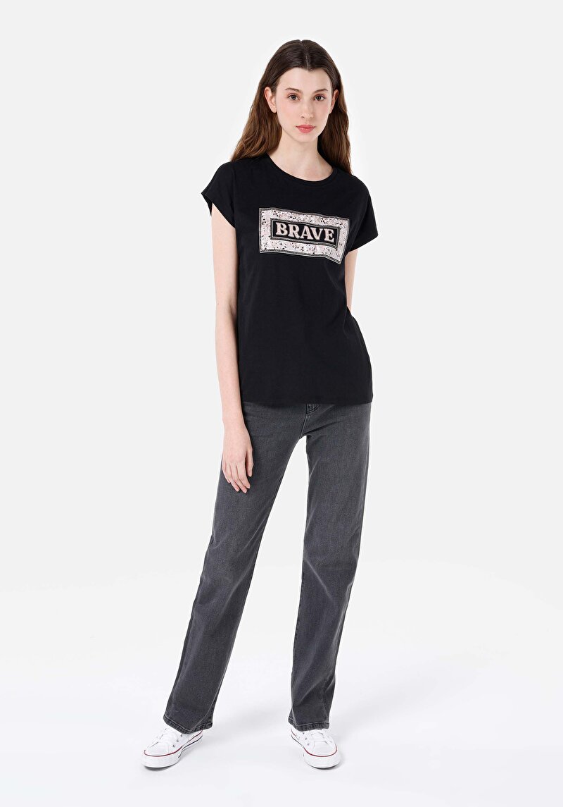 Regular Fit Yuvarlak Yaka Kadın Siyah Kısa Kol Tişört