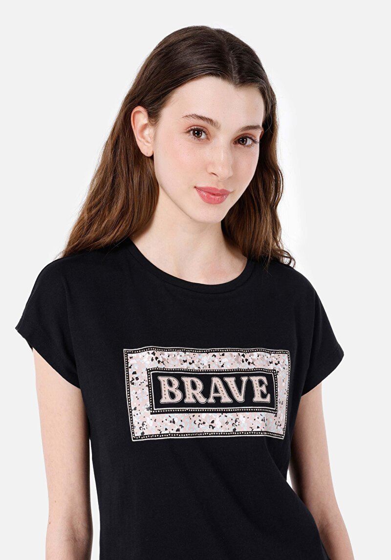 Regular Fit Yuvarlak Yaka Kadın Siyah Kısa Kol Tişört