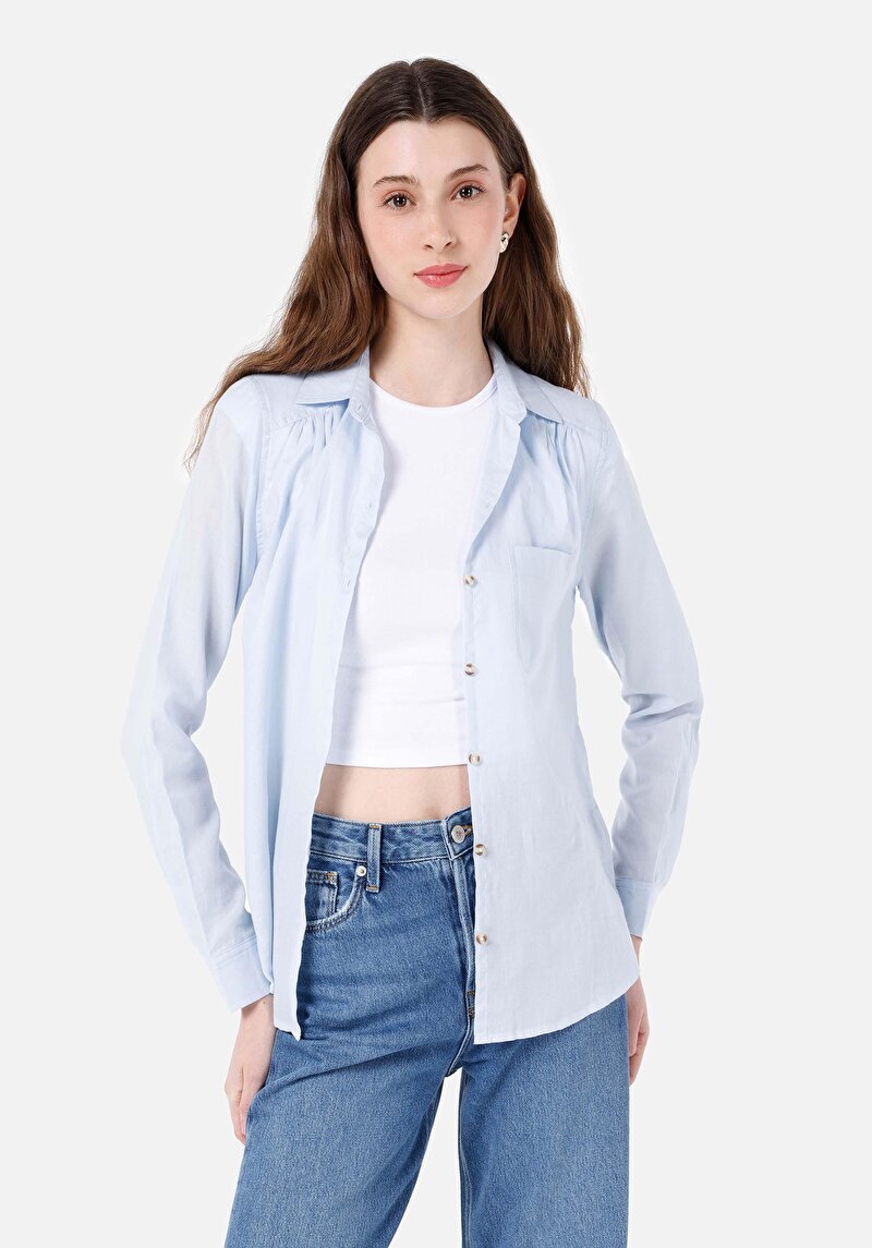 Regular Fit Shirt Neck Pamuklu Cepli Düz Kadın Mavi Uzun Kol Gömlek