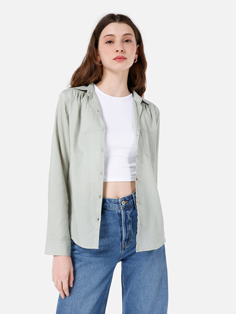 Regular Fit Shirt Neck Düz Kadın Yeşil Uzun Kol Gömlek