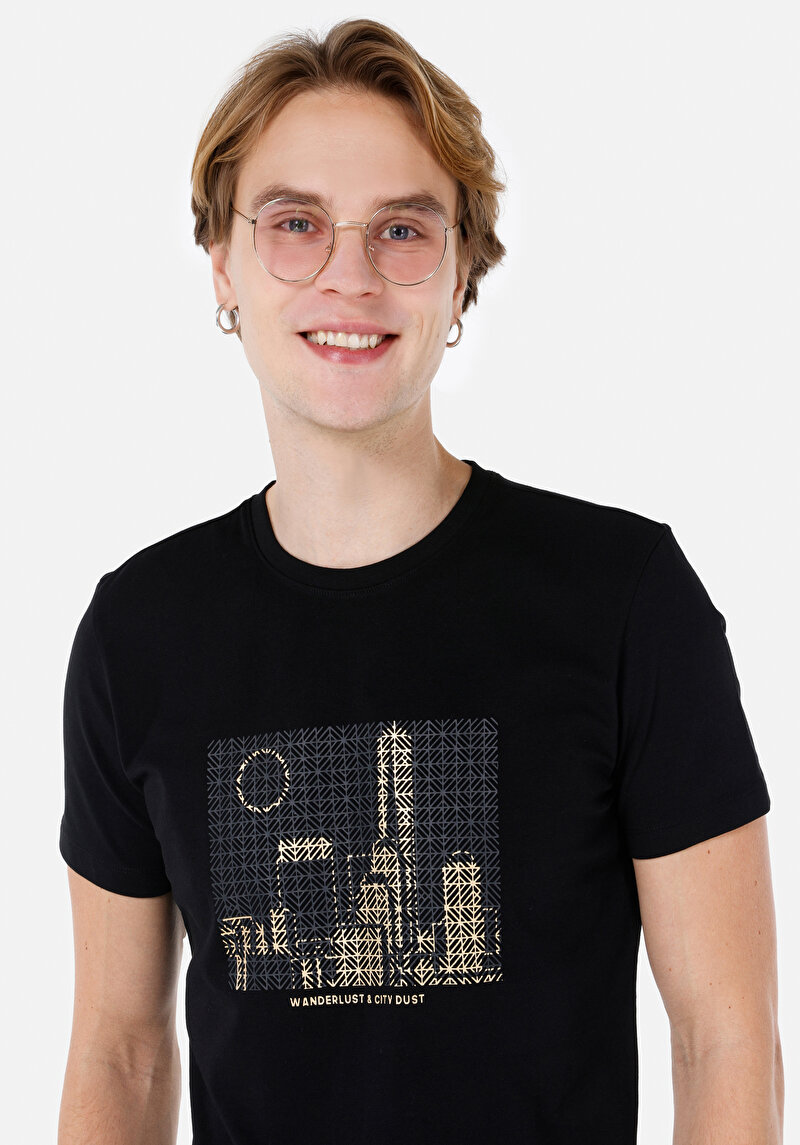 Slim Fit Yuvarlak Yaka Örme Düz Erkek Siyah Kısa Kol Tişört