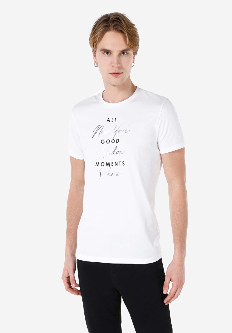 Slim Fit Yuvarlak Yaka Düz Erkek Beyaz Kısa Kol Tişört