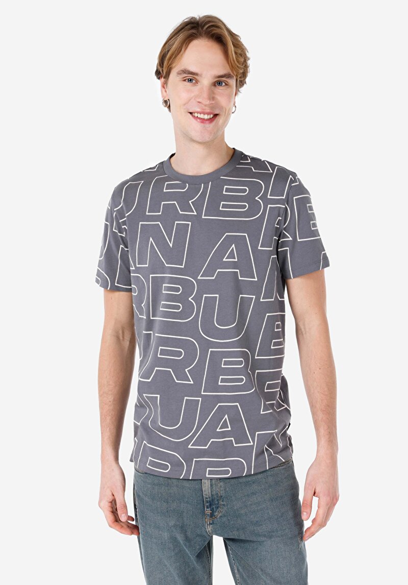 Regular Fit Örme Yuvarlak Yaka Baskılı Erkek Antrasit Kısa Kol Tişört