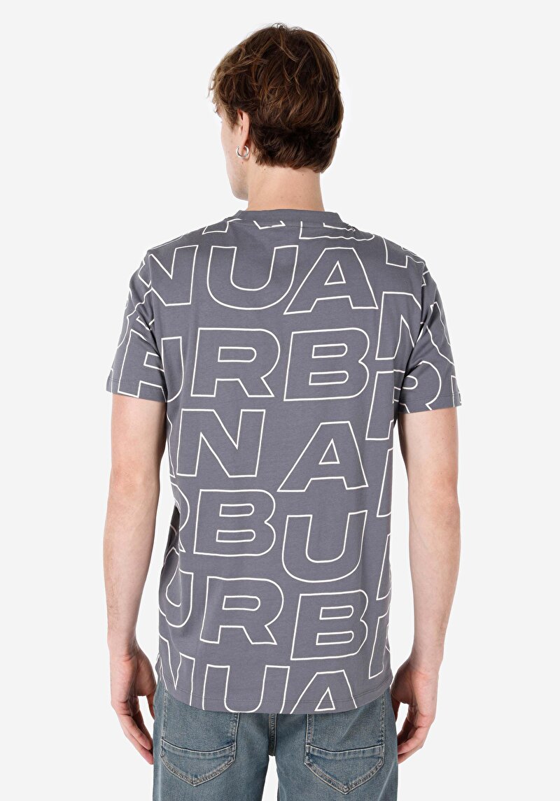 Regular Fit Örme Yuvarlak Yaka Baskılı Erkek Antrasit Kısa Kol Tişört