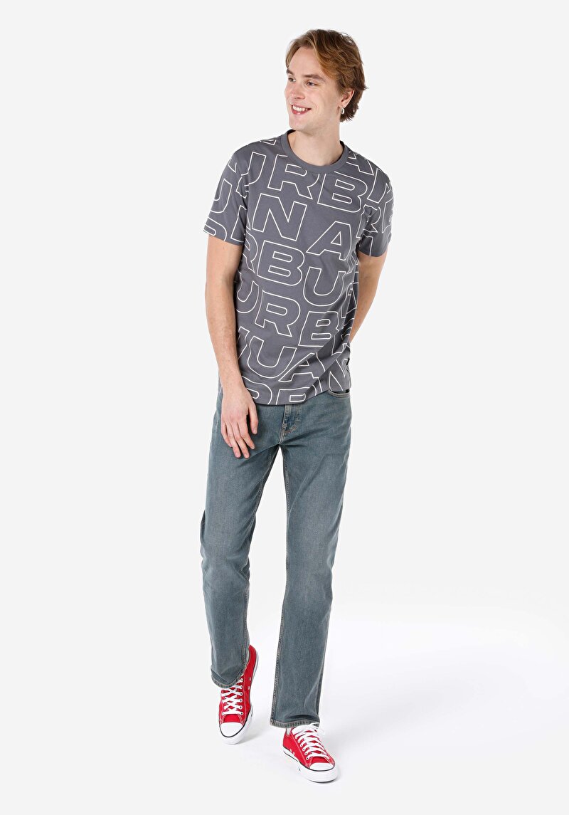 Regular Fit Örme Yuvarlak Yaka Baskılı Erkek Antrasit Kısa Kol Tişört