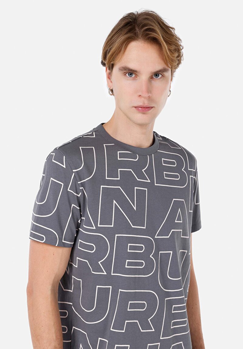 Regular Fit Örme Yuvarlak Yaka Baskılı Erkek Antrasit Kısa Kol Tişört