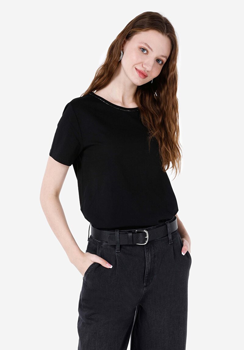Regular Fit Yuvarlak Yaka Düz Kadın Siyah Kısa Kol Tişört