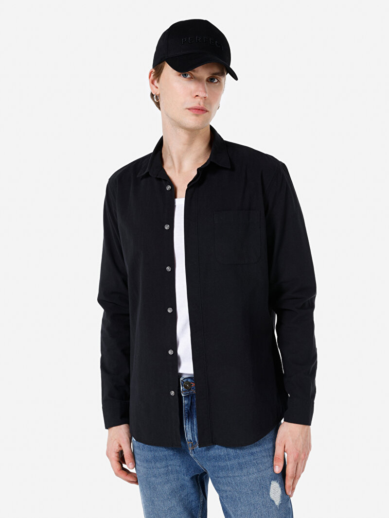 Regular Fit Shirt Neck Düz Erkek Siyah Uzun Kol Gömlek