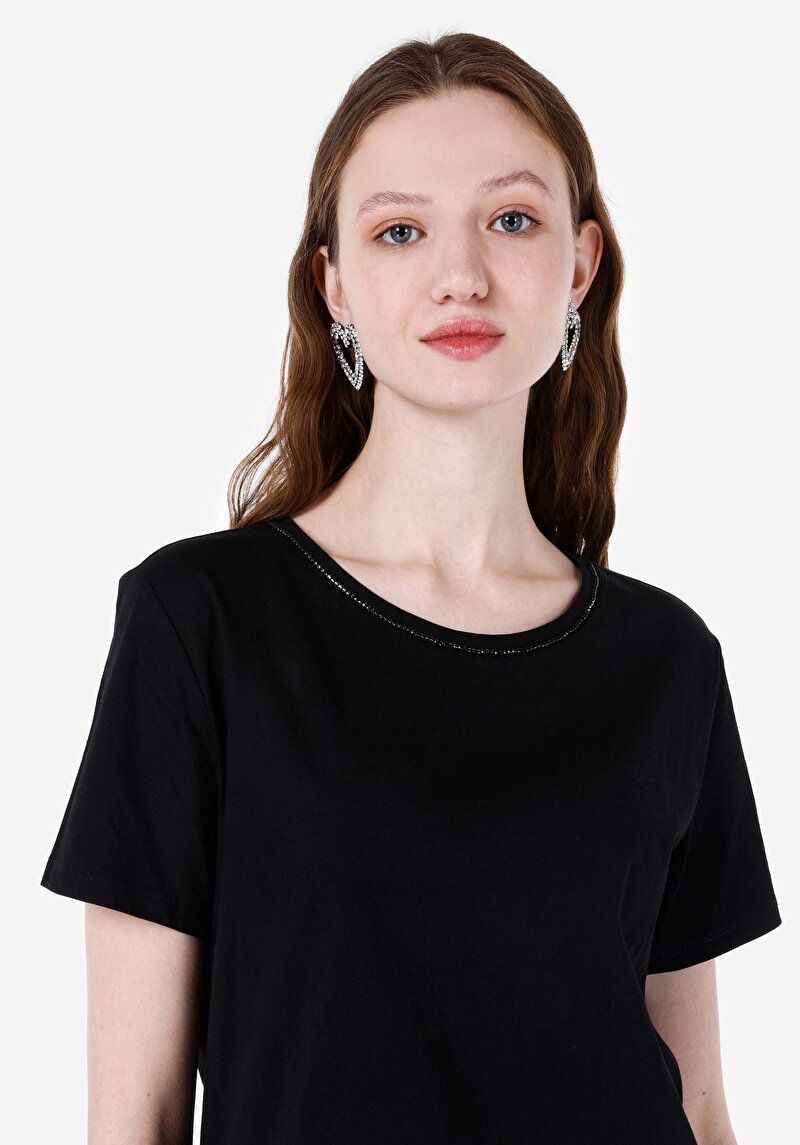 Regular Fit Yuvarlak Yaka Düz Kadın Siyah Kısa Kol Tişört