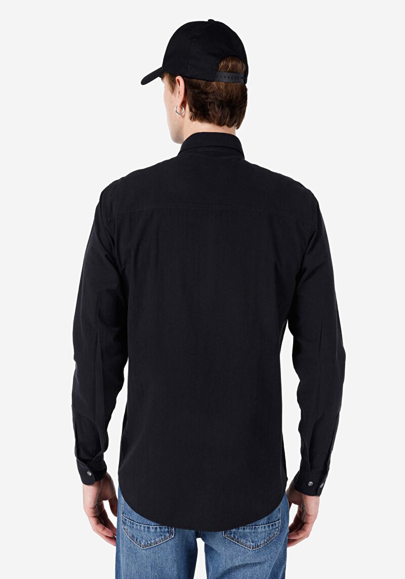 Regular Fit Shirt Neck Düz Erkek Siyah Uzun Kol Gömlek
