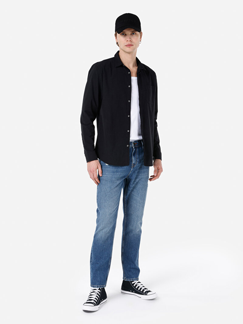 Regular Fit Shirt Neck Düz Erkek Siyah Uzun Kol Gömlek