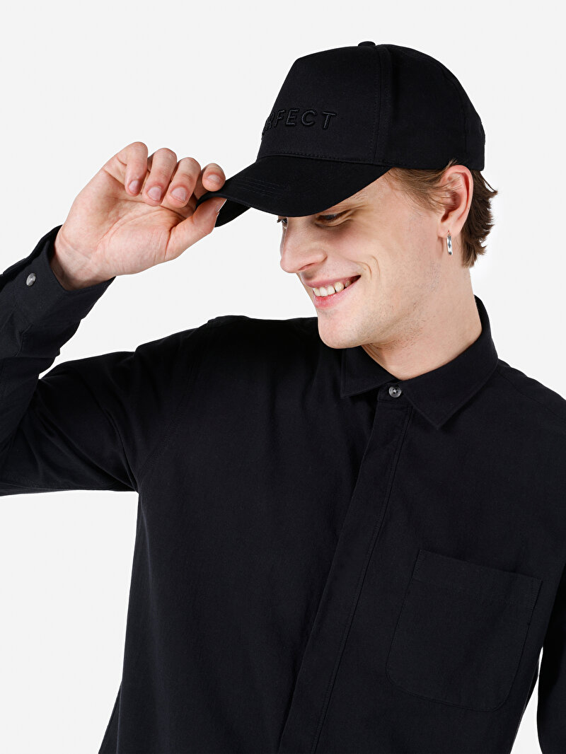 Regular Fit Shirt Neck Düz Erkek Siyah Uzun Kol Gömlek