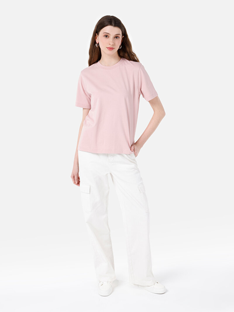 Regular Fit Yuvarlak Yaka Düz Kadın Pembe Kısa Kol Tişört