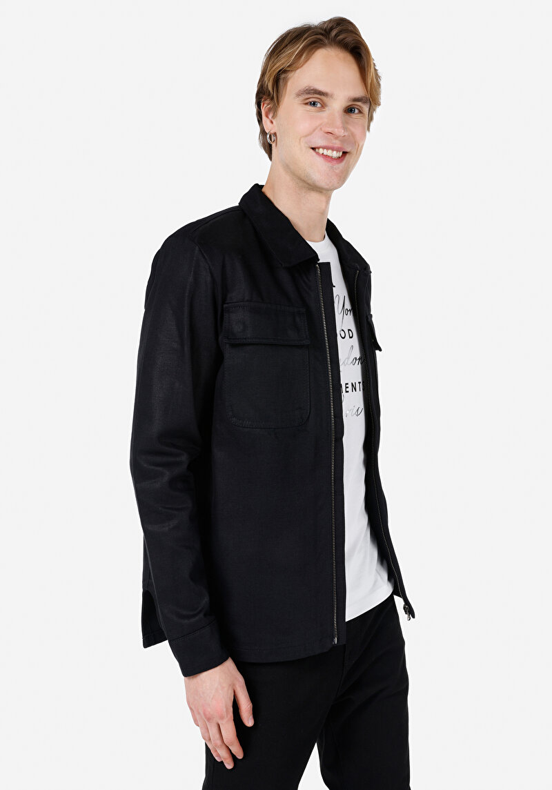 Regular Fit Fermuarlı Astarsız Erkek Siyah Ceket