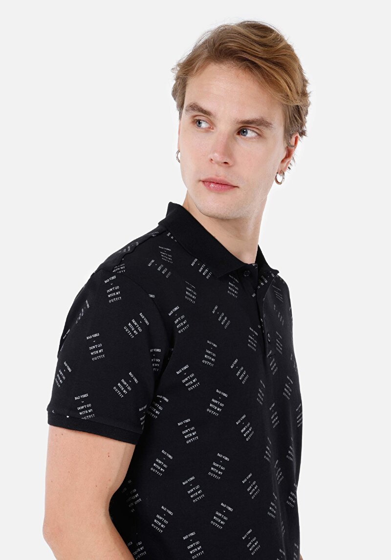 Regular Fit Polo Yaka Baskılı Erkek Siyah Kısa Kol Tişört