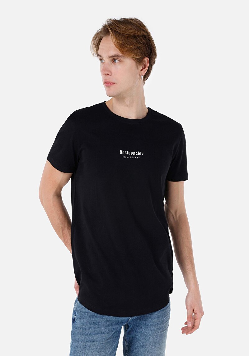 Long Fit Yuvarlak Yaka Düz Erkek Siyah Kısa Kol Tişört