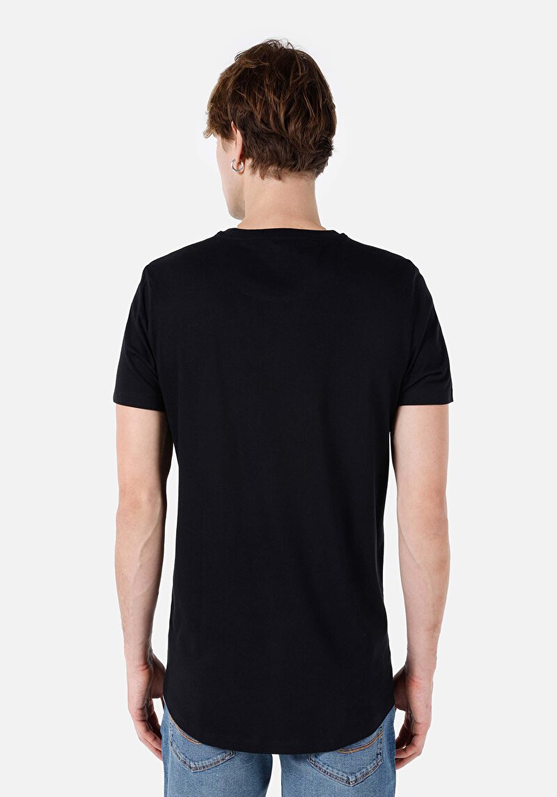 Long Fit Yuvarlak Yaka Düz Erkek Siyah Kısa Kol Tişört