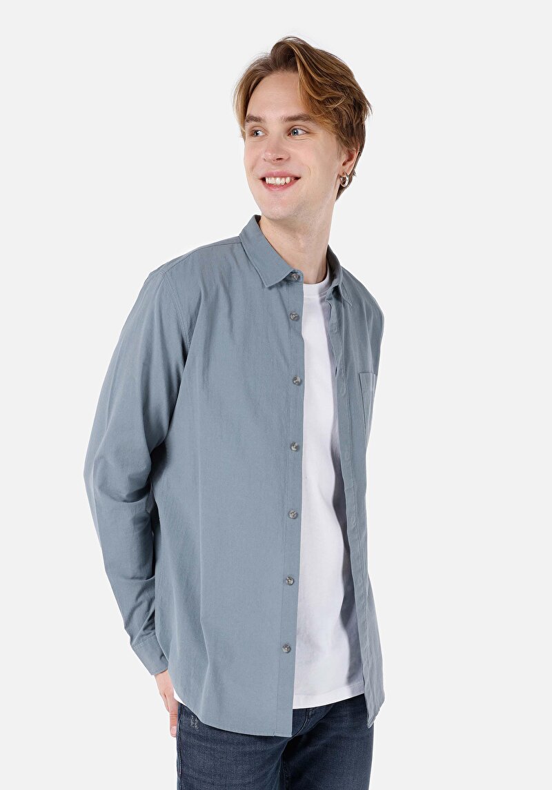 Regular Fit Shirt Neck Düz Erkek Yeşil Uzun Kol Gömlek