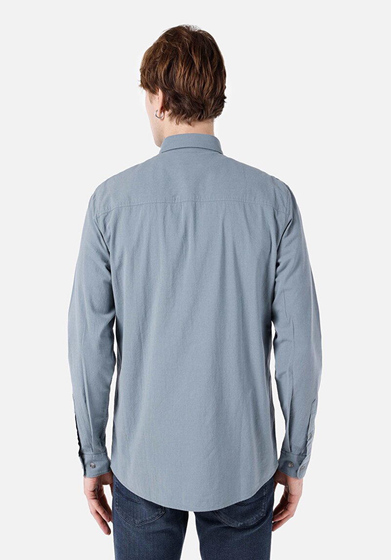 Regular Fit Shirt Neck Düz Erkek Yeşil Uzun Kol Gömlek