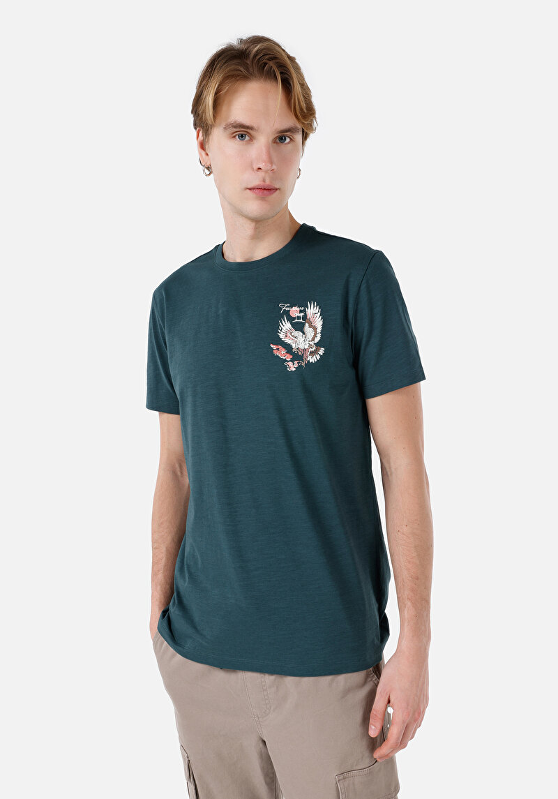 Regular Fit Yuvarlak Yaka Düz Erkek Yeşil Kısa Kol Tişört