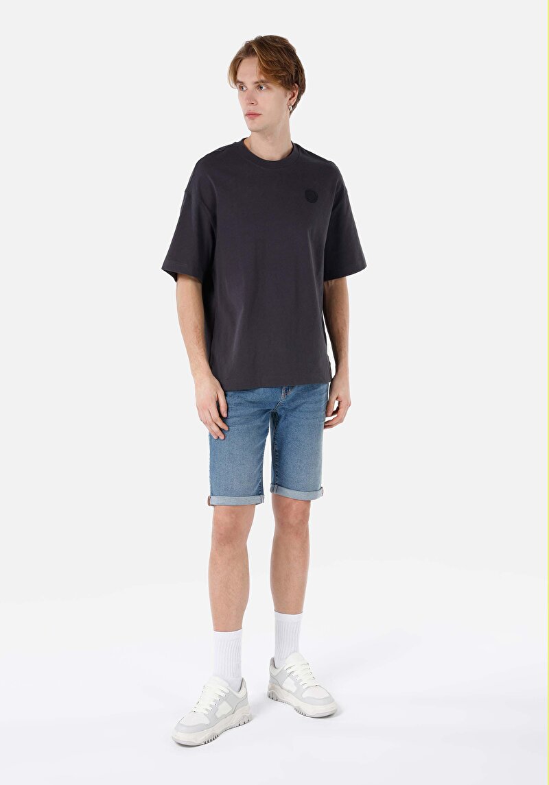 Oversize Fit Yuvarlak Yaka Düz Erkek Antrasit Kısa Kol Tişört