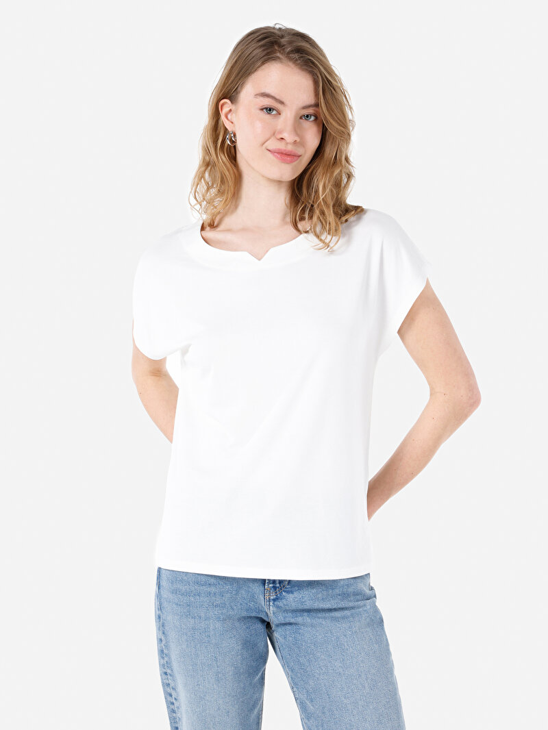 Regular Fit Yuvarlak Yaka Düz Kadın Beyaz Kısa Kol Tişört