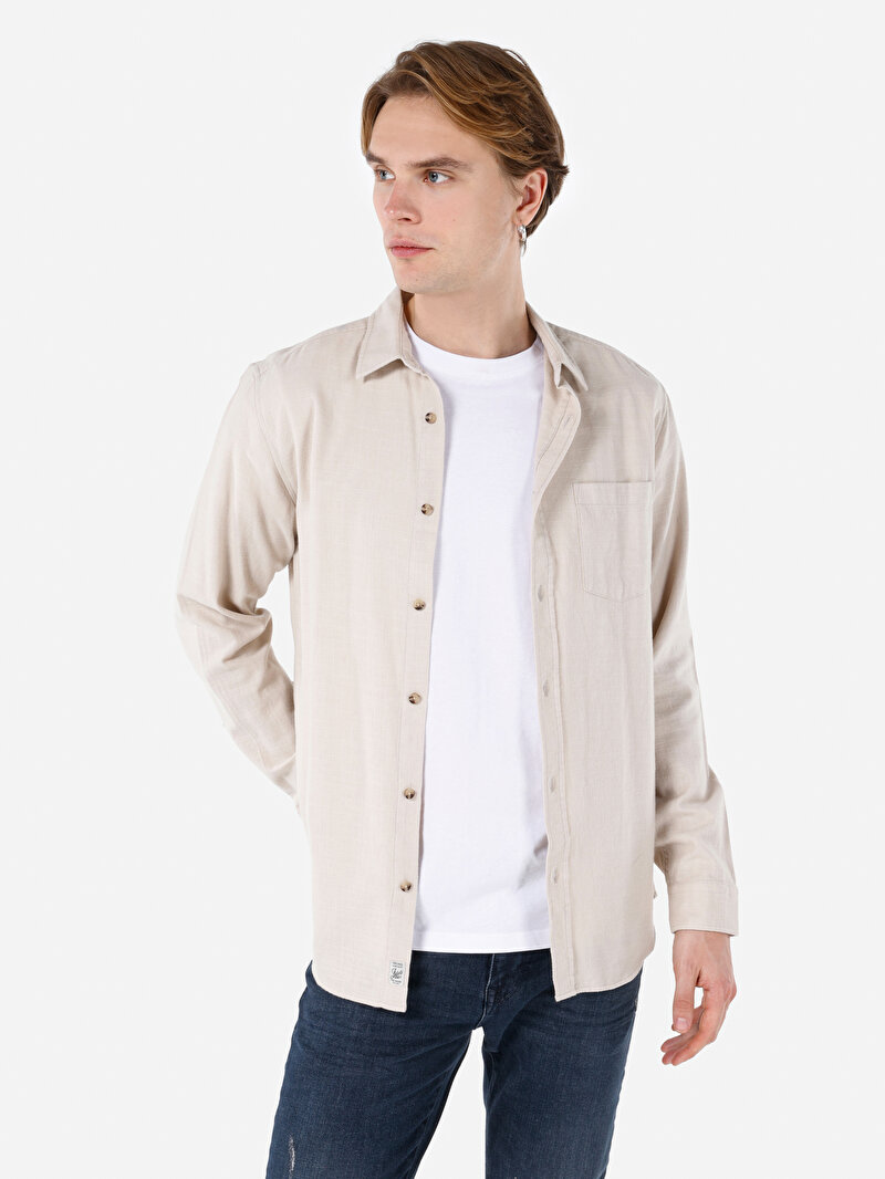 Regular Fit Shirt Neck Düz Erkek Bej Uzun Kol Gömlek