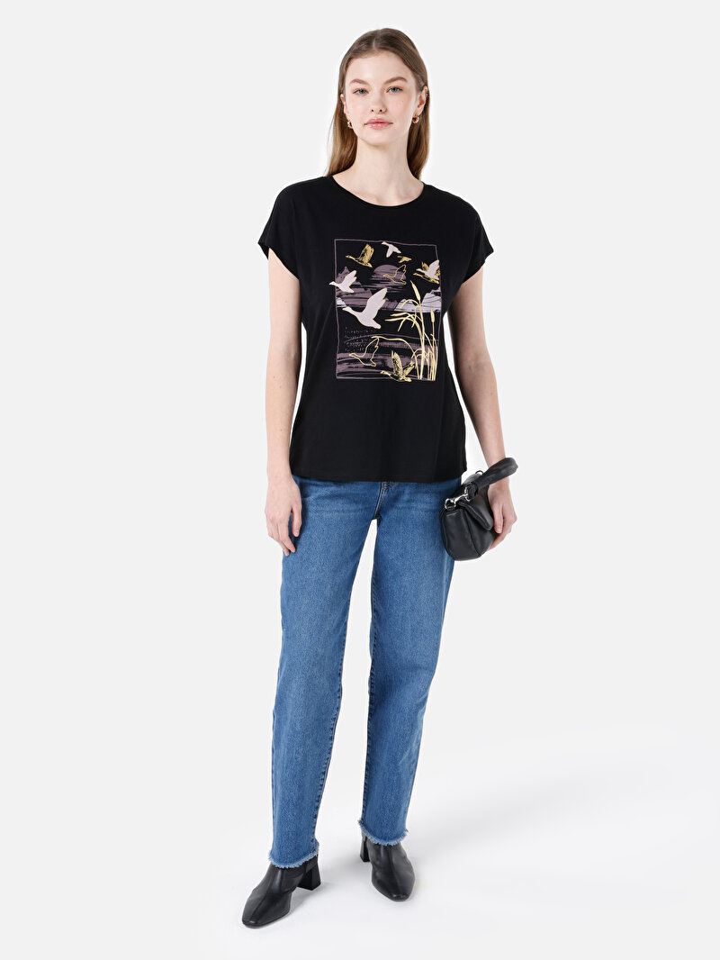 Regular Fit Yuvarlak Yaka Baskılı Kadın Siyah Kısa Kol Tişört