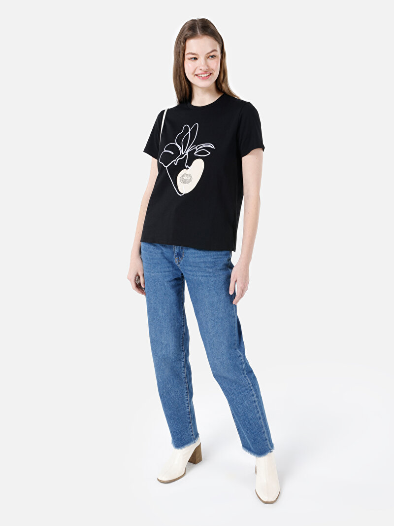 Regular Fit Yuvarlak Yaka Kadın Siyah Kısa Kol Tişört