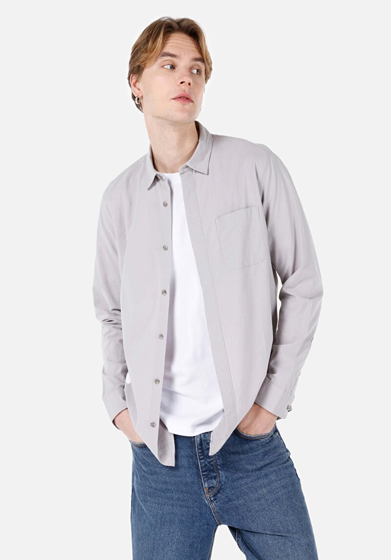 Regular Fit Shirt Neck Düz Erkek Gri Uzun Kol Gömlek