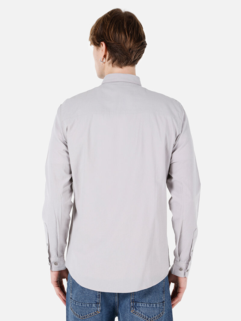 Regular Fit Shirt Neck Düz Erkek Gri Uzun Kol Gömlek