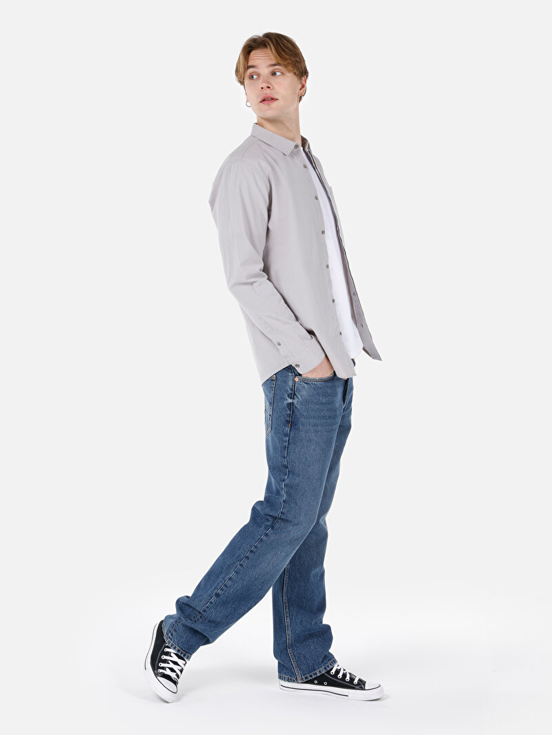 Regular Fit Shirt Neck Düz Erkek Gri Uzun Kol Gömlek