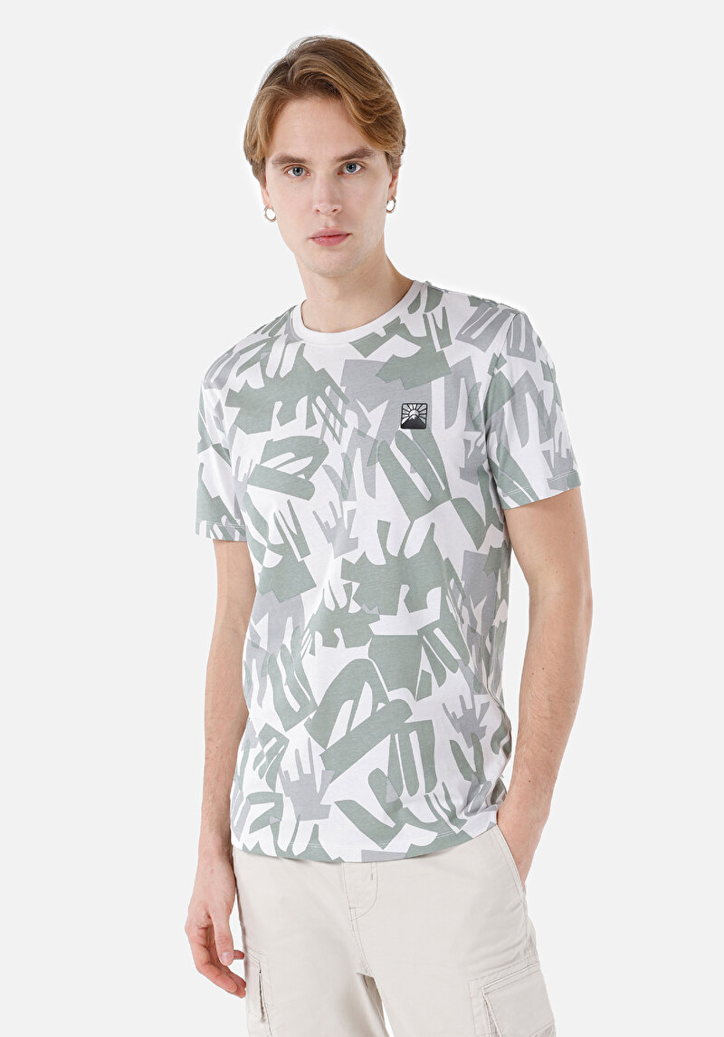 Regular Fit Cepsiz Örgü Yuvarlak Yaka Baskılı Erkek Yeşil Kısa Kol Tişört