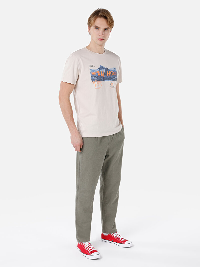 Regular Fit Yuvarlak Yaka Düz Erkek Bej Kısa Kol Tişört