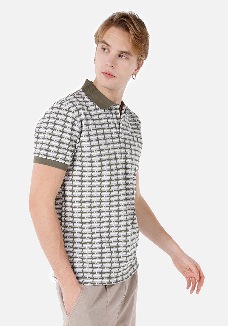 Regular Fit Polo Yaka Baskılı Pamuklu Erkek Yeşil Kısa Kol Tişört