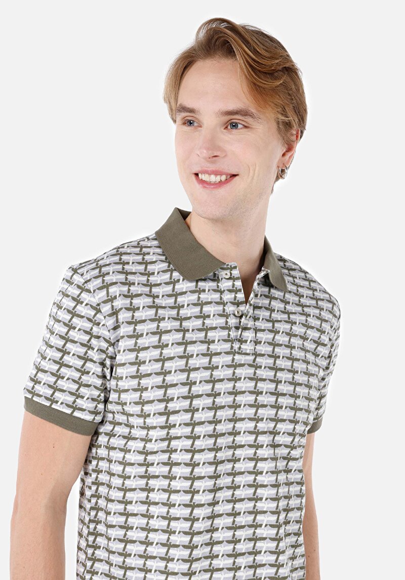 Regular Fit Polo Yaka Baskılı Pamuklu Erkek Yeşil Kısa Kol Tişört