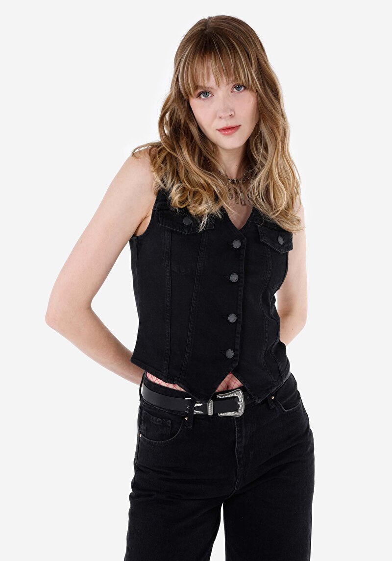 Slim Fit Kadın Siyah Yelek