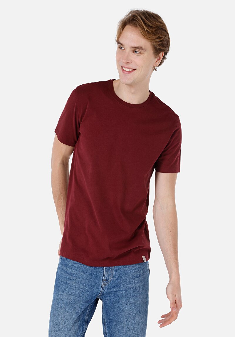 Regular Fit Yuvarlak Yaka Düz Erkek Bordo Kısa Kol Tişört