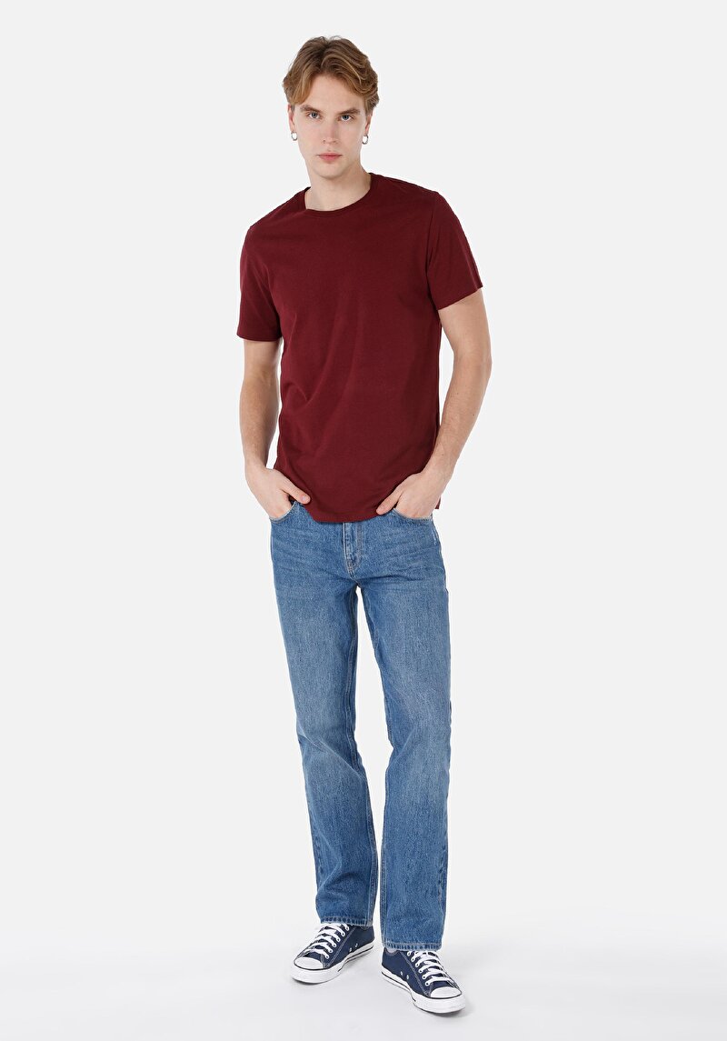 Regular Fit Yuvarlak Yaka Düz Erkek Bordo Kısa Kol Tişört