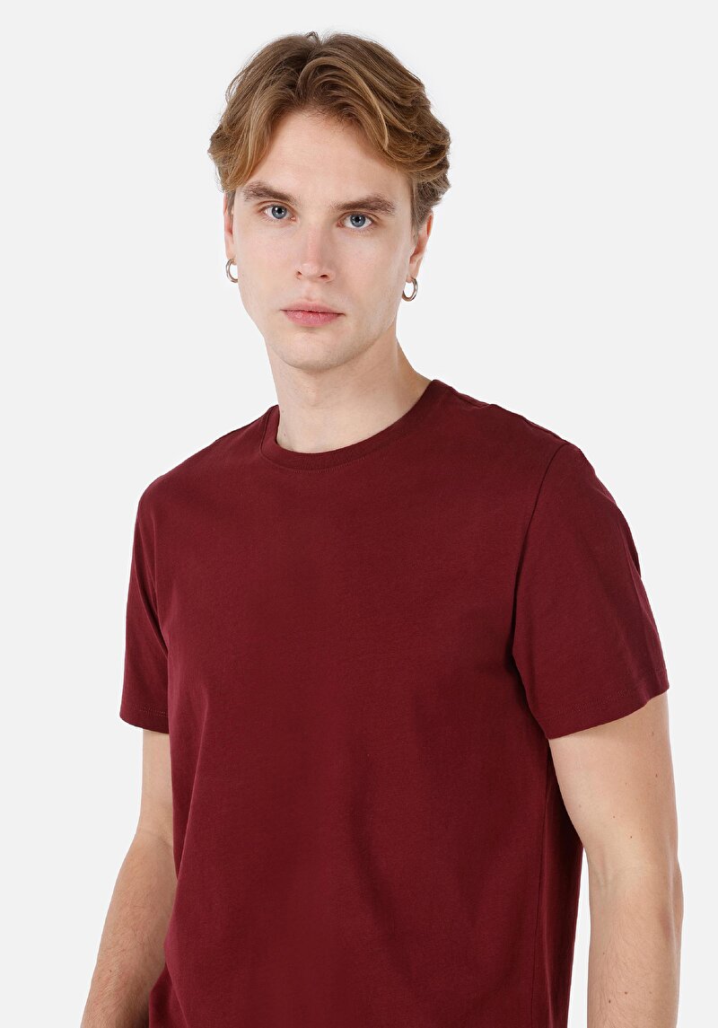 Regular Fit Yuvarlak Yaka Düz Erkek Bordo Kısa Kol Tişört