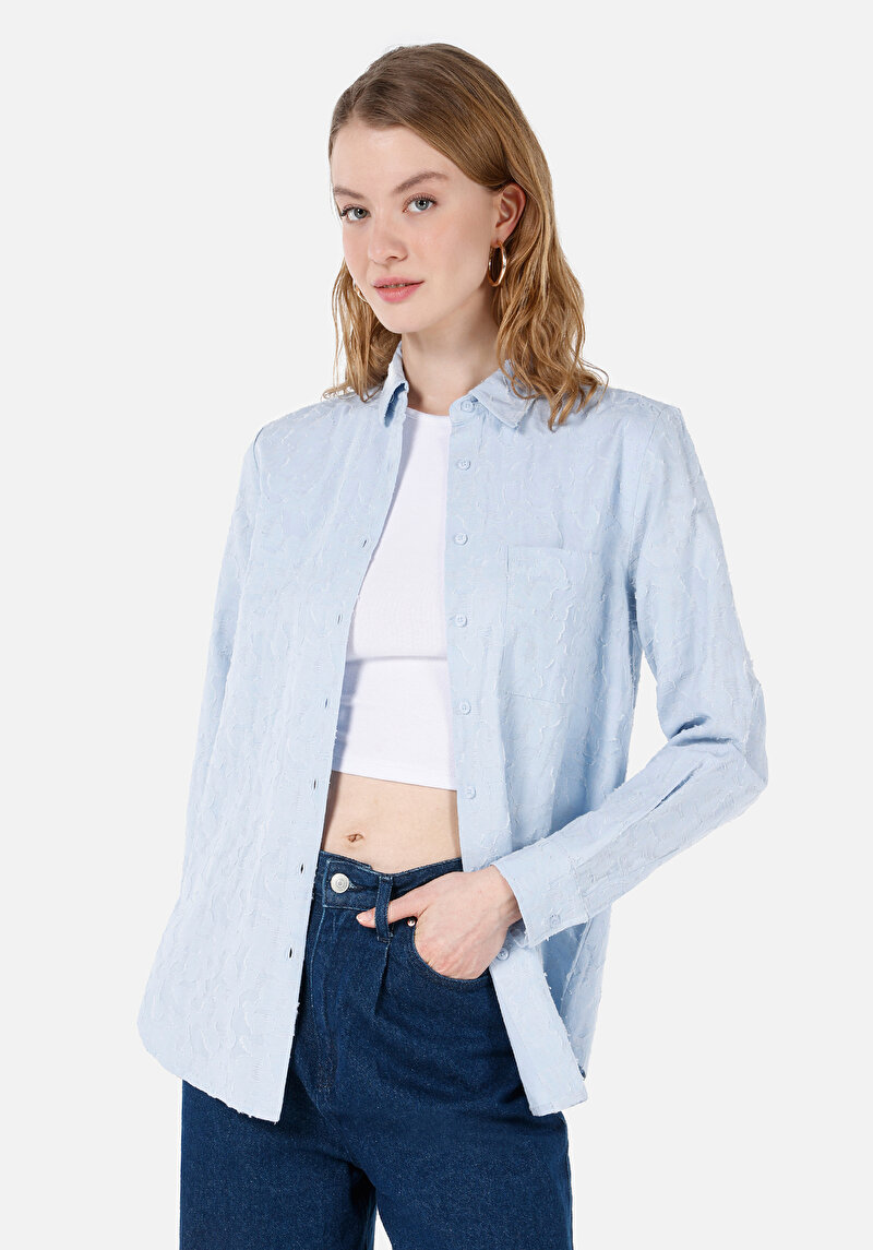 Regular Fit Shirt Neck Baskılı Kadın Mavi Uzun Kol Gömlek