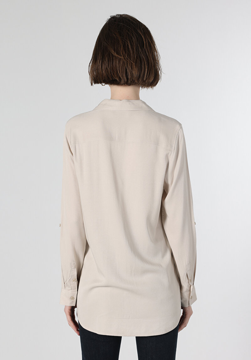 Regular Fit Shirt Neck Düz Kadın Bej Roll-Up Gömlek