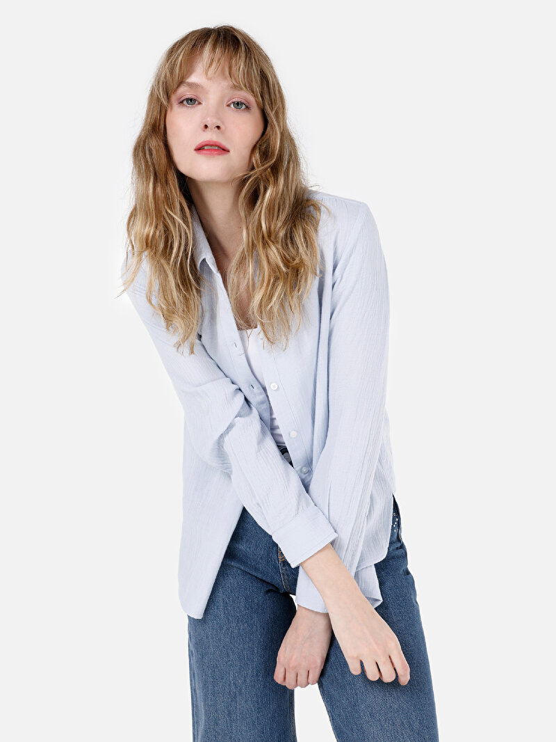 Regular Fit Shirt Neck Düz Kadın Mavi Uzun Kol Gömlek