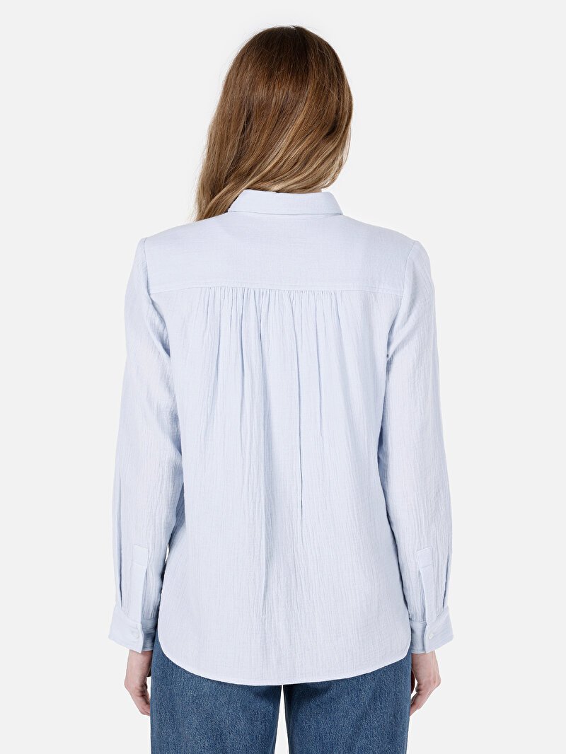 Regular Fit Shirt Neck Düz Kadın Mavi Uzun Kol Gömlek
