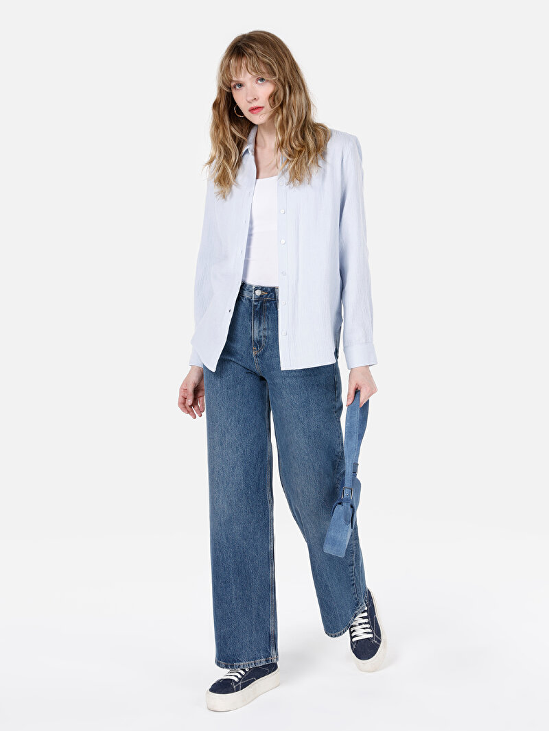 Regular Fit Shirt Neck Düz Kadın Mavi Uzun Kol Gömlek