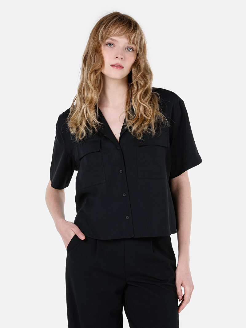 Regular Fit Shirt Neck Düz Kadın Siyah Kısa Kol Gömlek