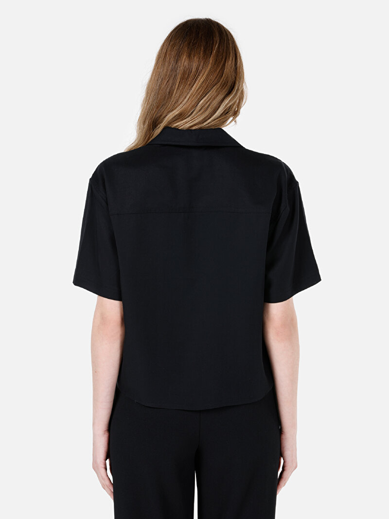 Regular Fit Shirt Neck Düz Kadın Siyah Kısa Kol Gömlek