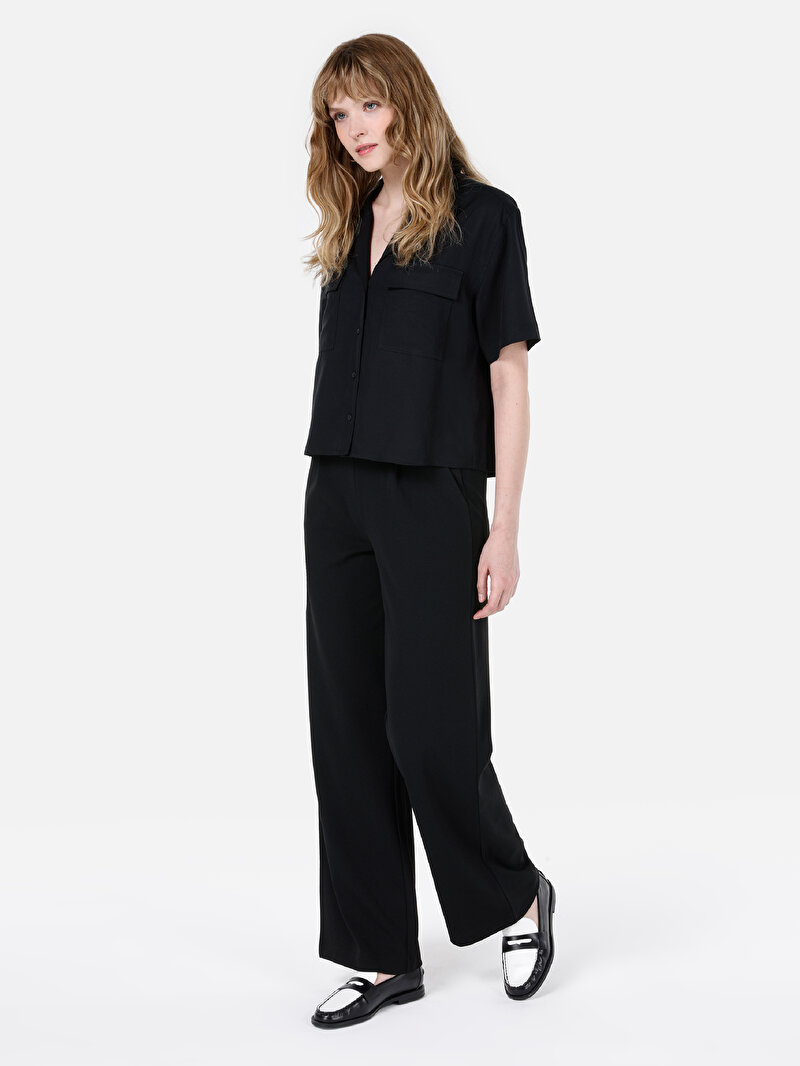 Regular Fit Shirt Neck Düz Kadın Siyah Kısa Kol Gömlek