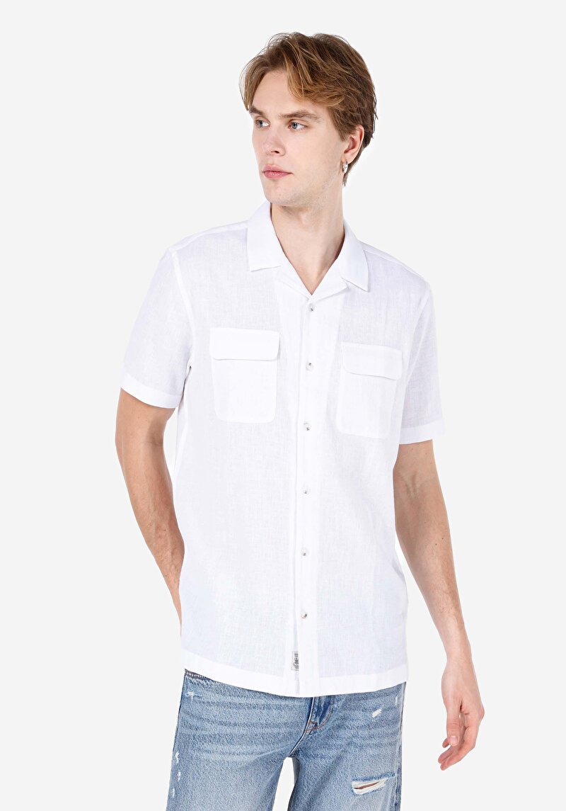 Comfort Fit Shirt Neck Düz Erkek Beyaz Kısa Kol Gömlek
